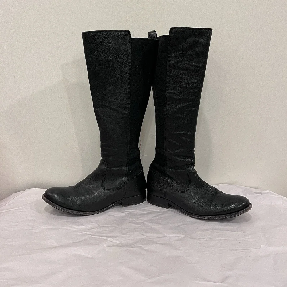 Frye Black Leather Knee High Riding Boots‎ Zip Closure Round Toe Women's 7.5 B